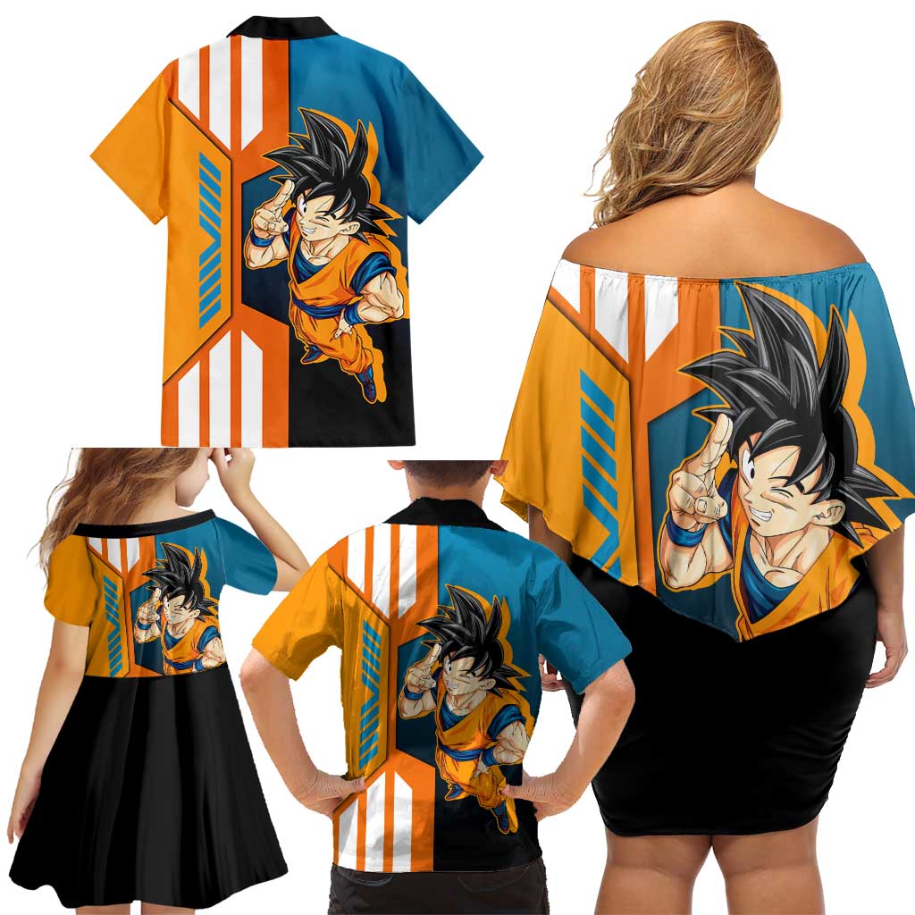 Son Goku from Dragon Ball Family Matching Off Shoulder Short Dress and Hawaiian Shirt with Orange Gi, Power Pose, and Energy Effect Design - The Mazicc