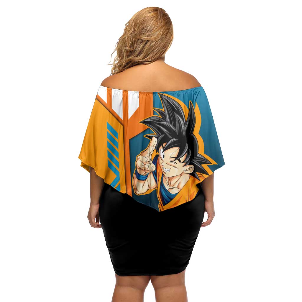 Son Goku from Dragon Ball Family Matching Off Shoulder Short Dress and Hawaiian Shirt with Orange Gi, Power Pose, and Energy Effect Design - The Mazicc