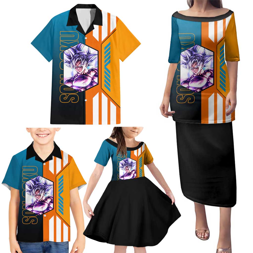 Son Goku from Dragon Ball Family Matching Puletasi and Hawaiian Shirt with Orange Gi, Power Pose, and Energy Effect Design - The Mazicc