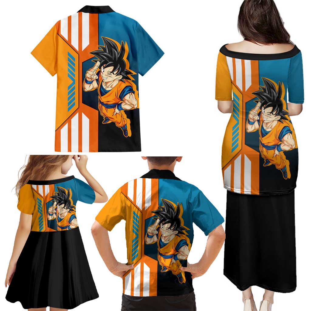Son Goku from Dragon Ball Family Matching Puletasi and Hawaiian Shirt with Orange Gi, Power Pose, and Energy Effect Design - The Mazicc