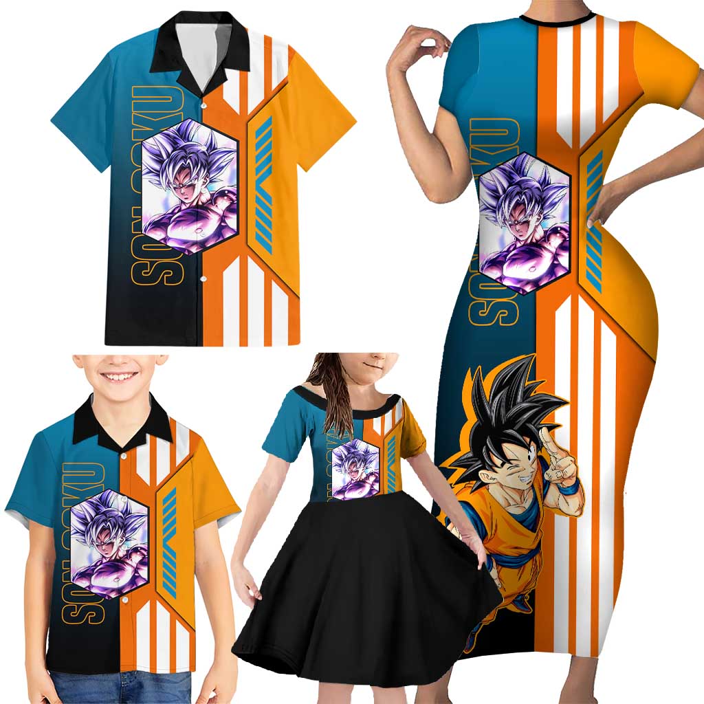 Son Goku from Dragon Ball Family Matching Short Sleeve Bodycon Dress and Hawaiian Shirt with Orange Gi, Power Pose, and Energy Effect Design - The Mazicc