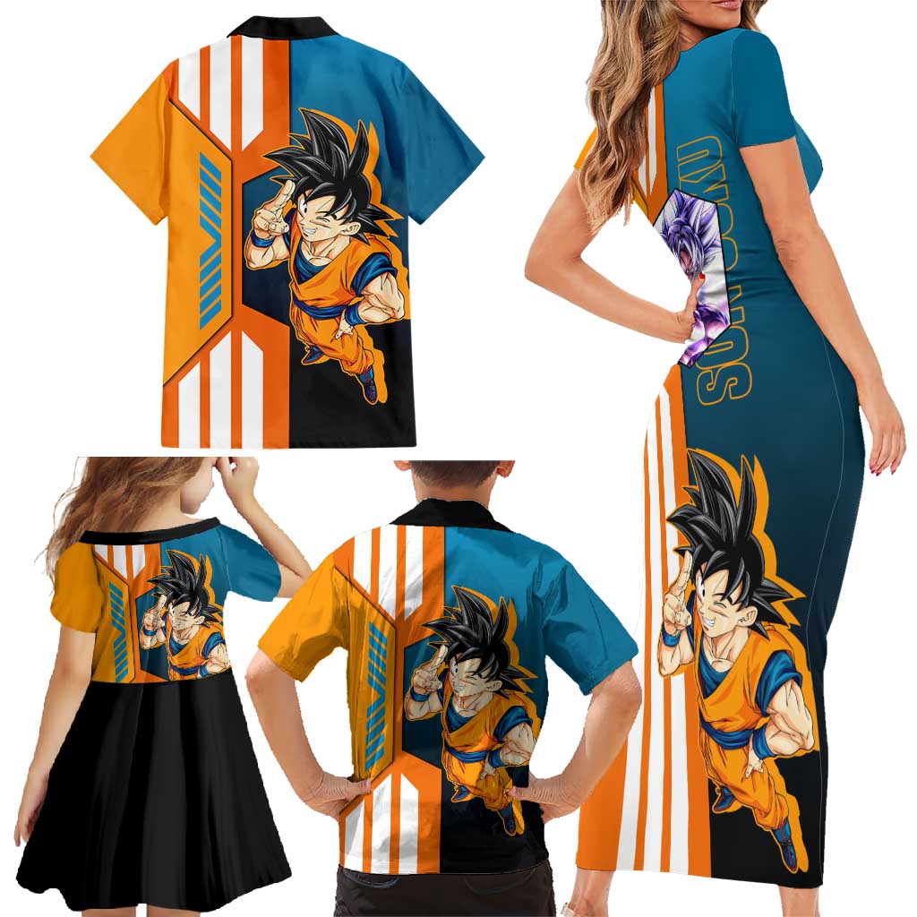 Son Goku from Dragon Ball Family Matching Short Sleeve Bodycon Dress and Hawaiian Shirt with Orange Gi, Power Pose, and Energy Effect Design - The Mazicc