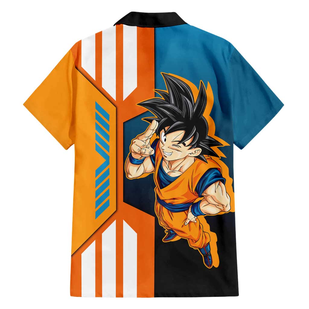 Son Goku from Dragon Ball Family Matching Short Sleeve Bodycon Dress and Hawaiian Shirt with Orange Gi, Power Pose, and Energy Effect Design - The Mazicc