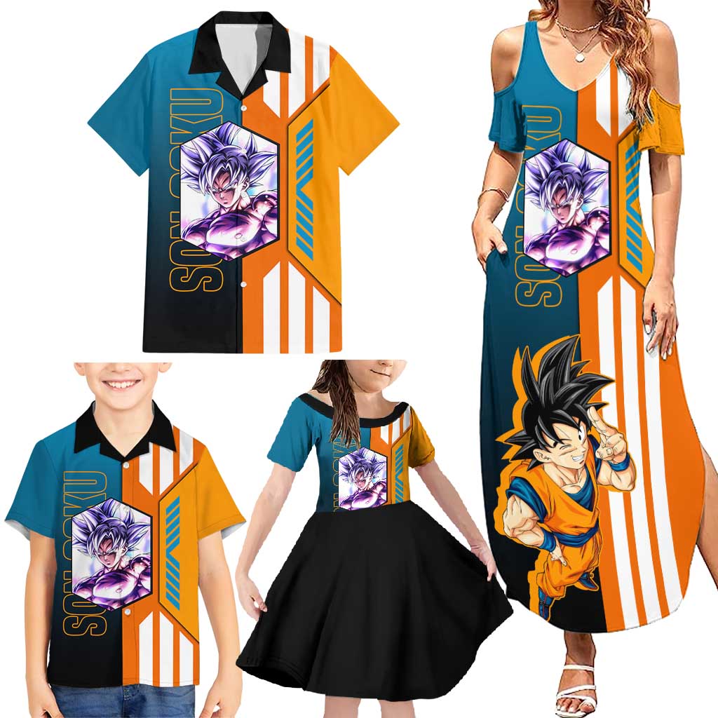 Son Goku from Dragon Ball Family Matching Summer Maxi Dress and Hawaiian Shirt with Orange Gi, Power Pose, and Energy Effect Design - The Mazicc