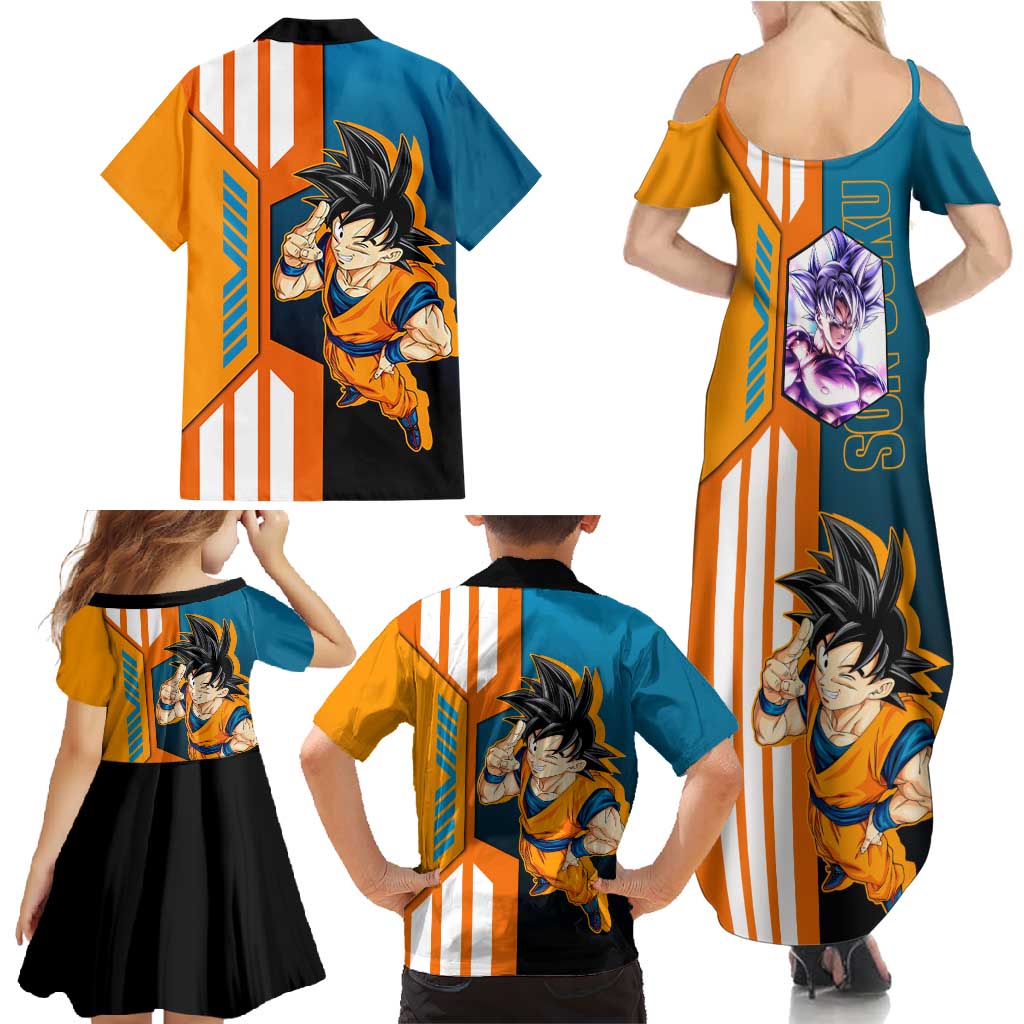Son Goku from Dragon Ball Family Matching Summer Maxi Dress and Hawaiian Shirt with Orange Gi, Power Pose, and Energy Effect Design - The Mazicc