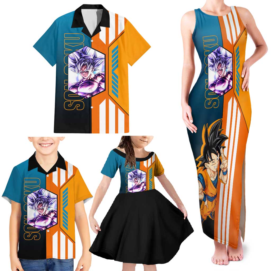 Son Goku from Dragon Ball Family Matching Tank Maxi Dress and Hawaiian Shirt with Orange Gi, Power Pose, and Energy Effect Design - The Mazicc