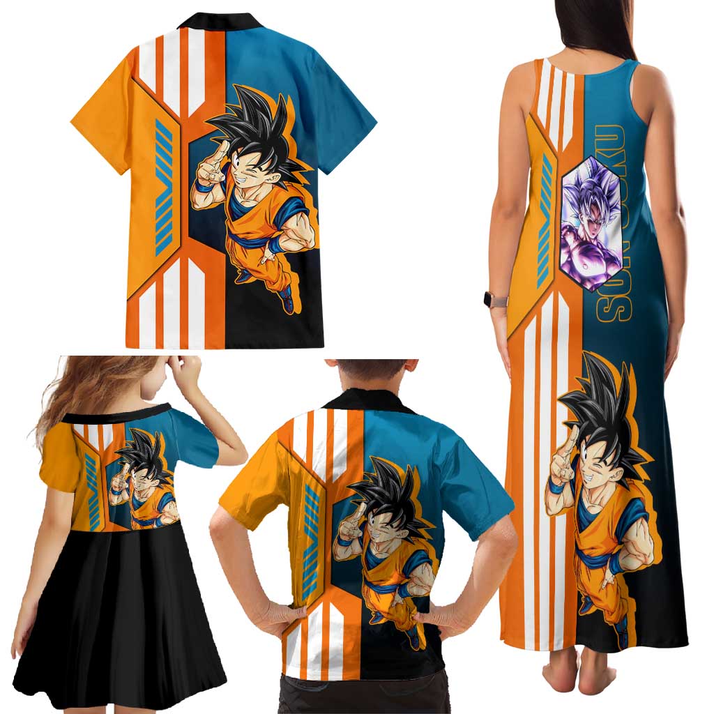 Son Goku from Dragon Ball Family Matching Tank Maxi Dress and Hawaiian Shirt with Orange Gi, Power Pose, and Energy Effect Design - The Mazicc