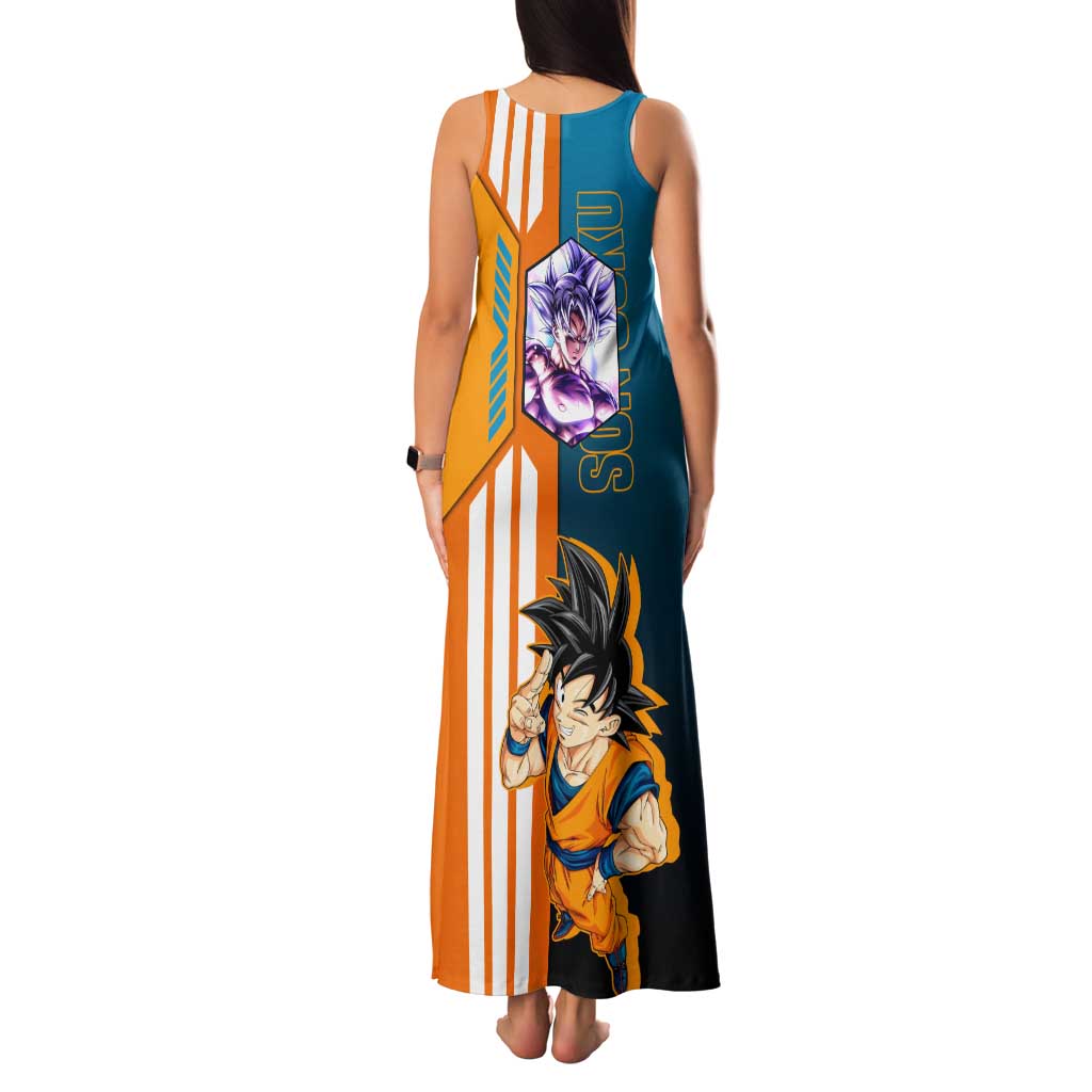 Son Goku from Dragon Ball Family Matching Tank Maxi Dress and Hawaiian Shirt with Orange Gi, Power Pose, and Energy Effect Design - The Mazicc