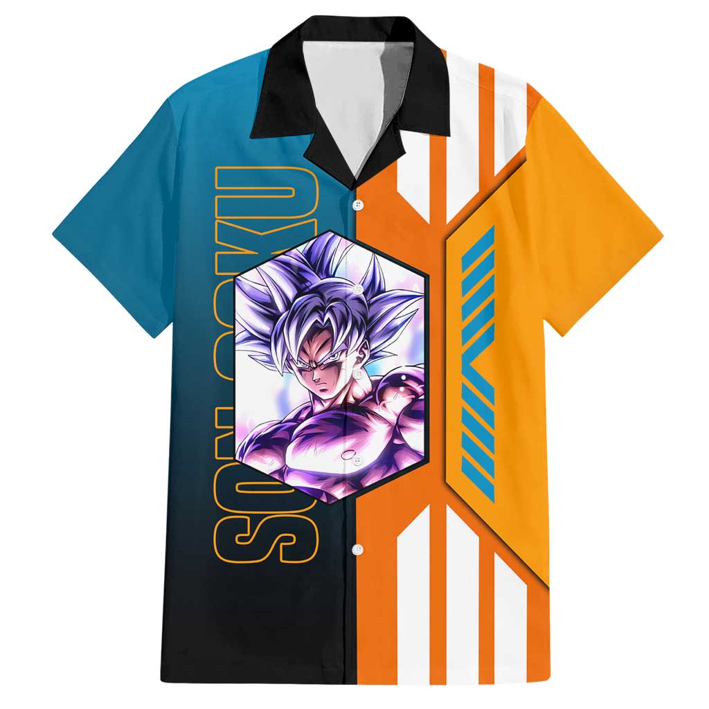 Son Goku from Dragon Ball Hawaiian Shirt with Orange Gi, Power Pose, and Energy Effect Design - The Mazicc