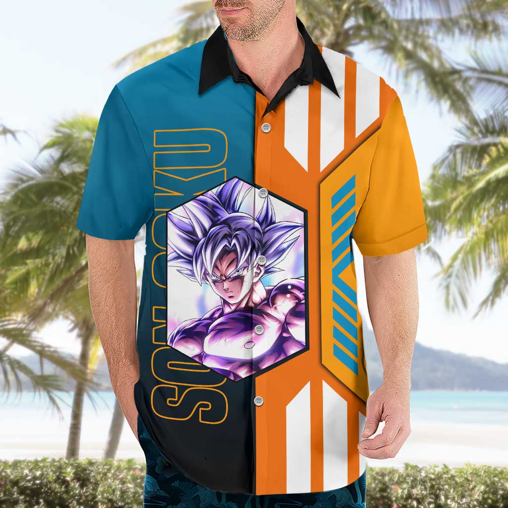 Son Goku from Dragon Ball Hawaiian Shirt with Orange Gi, Power Pose, and Energy Effect Design - The Mazicc