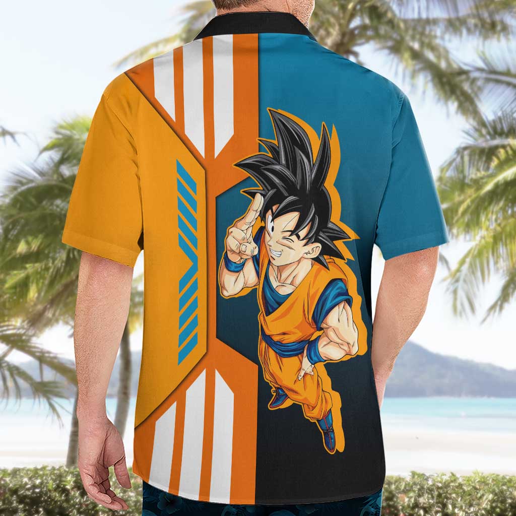 Son Goku from Dragon Ball Hawaiian Shirt with Orange Gi, Power Pose, and Energy Effect Design - The Mazicc
