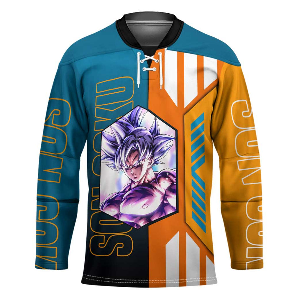 Son Goku from Dragon Ball Hockey Jersey with Orange Gi, Power Pose, and Energy Effect Design - The Mazicc