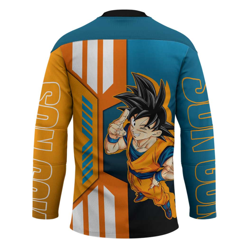 Son Goku from Dragon Ball Hockey Jersey with Orange Gi, Power Pose, and Energy Effect Design - The Mazicc