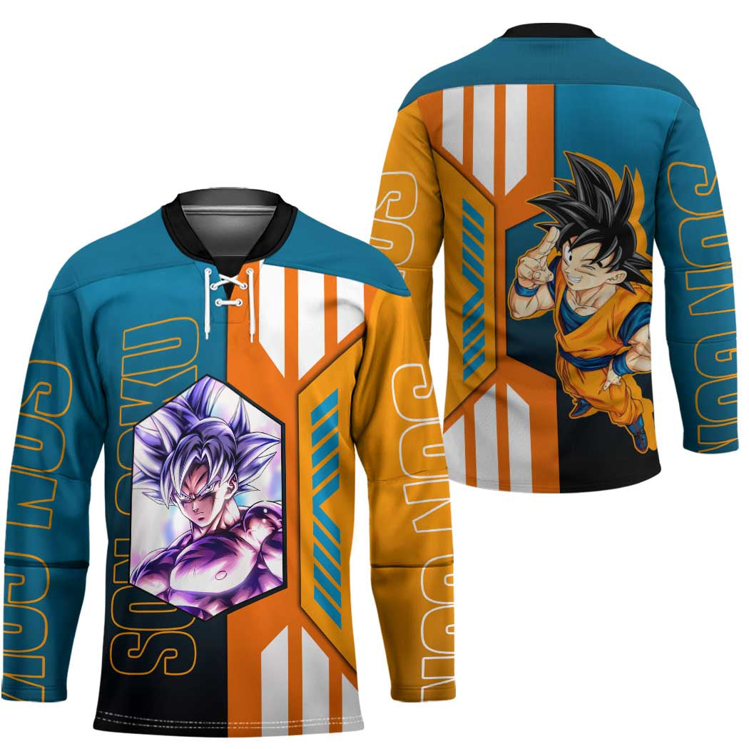 Son Goku from Dragon Ball Hockey Jersey with Orange Gi, Power Pose, and Energy Effect Design - The Mazicc