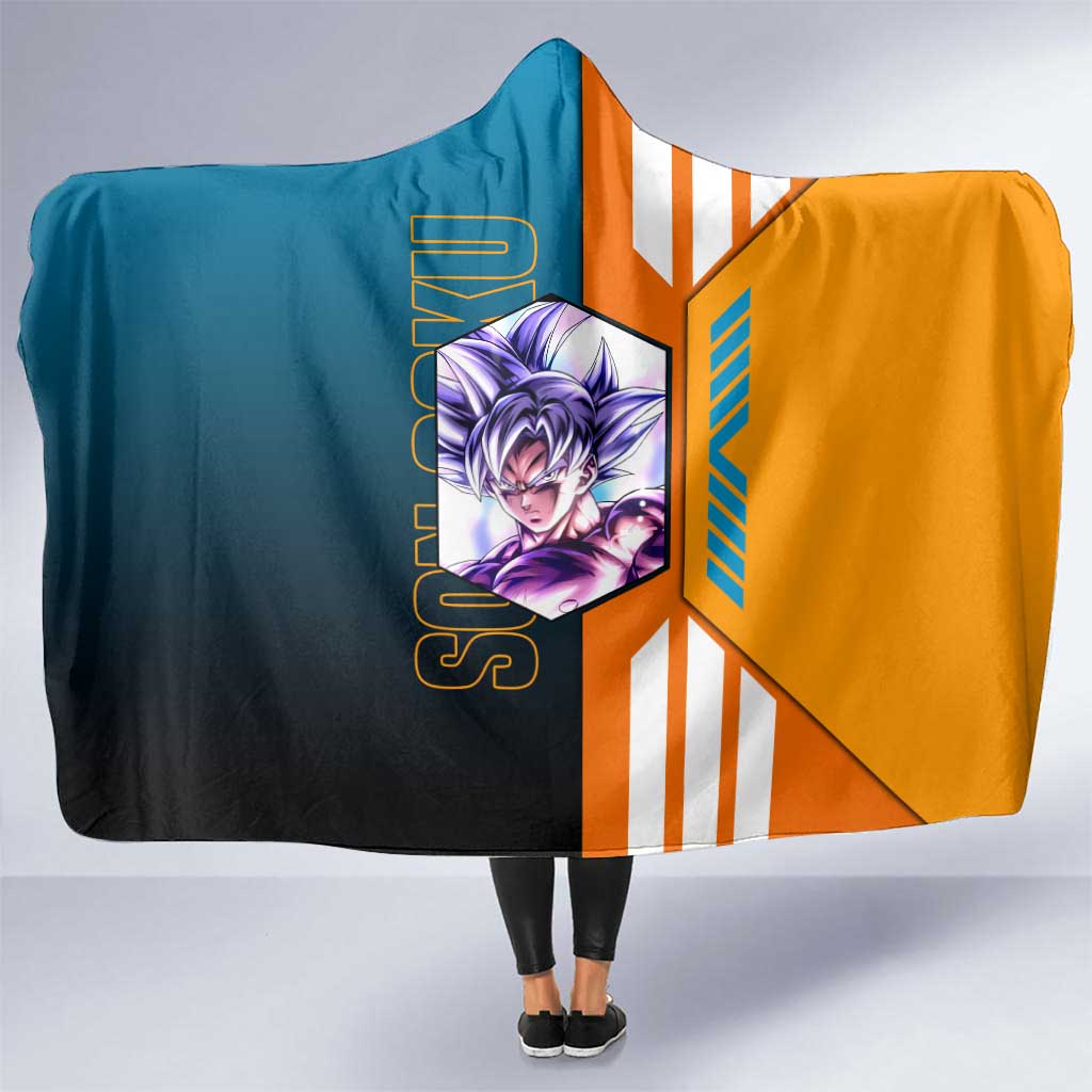Son Goku from Dragon Ball Hooded Blanket with Orange Gi, Power Pose, and Energy Effect Design - The Mazicc