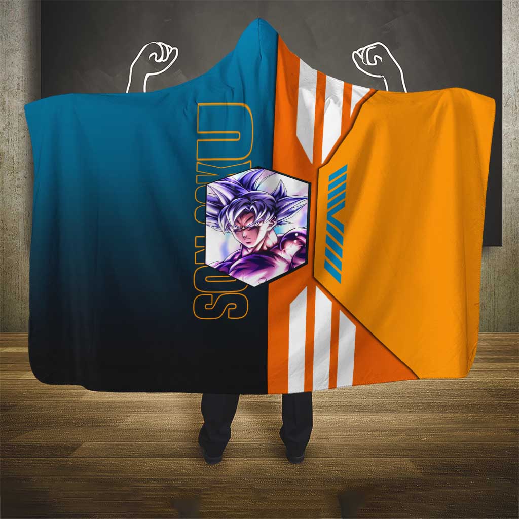 Son Goku from Dragon Ball Hooded Blanket with Orange Gi, Power Pose, and Energy Effect Design - The Mazicc