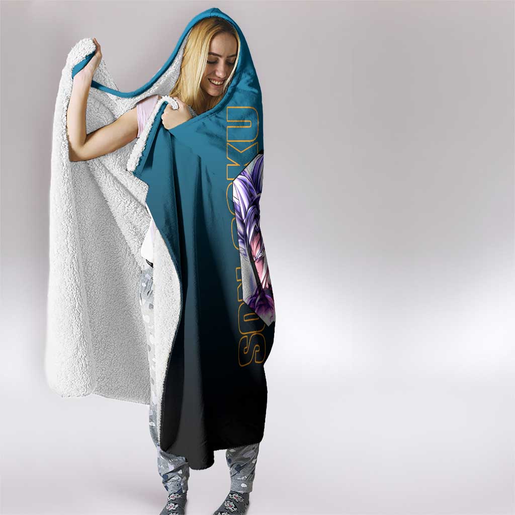 Son Goku from Dragon Ball Hooded Blanket with Orange Gi, Power Pose, and Energy Effect Design - The Mazicc