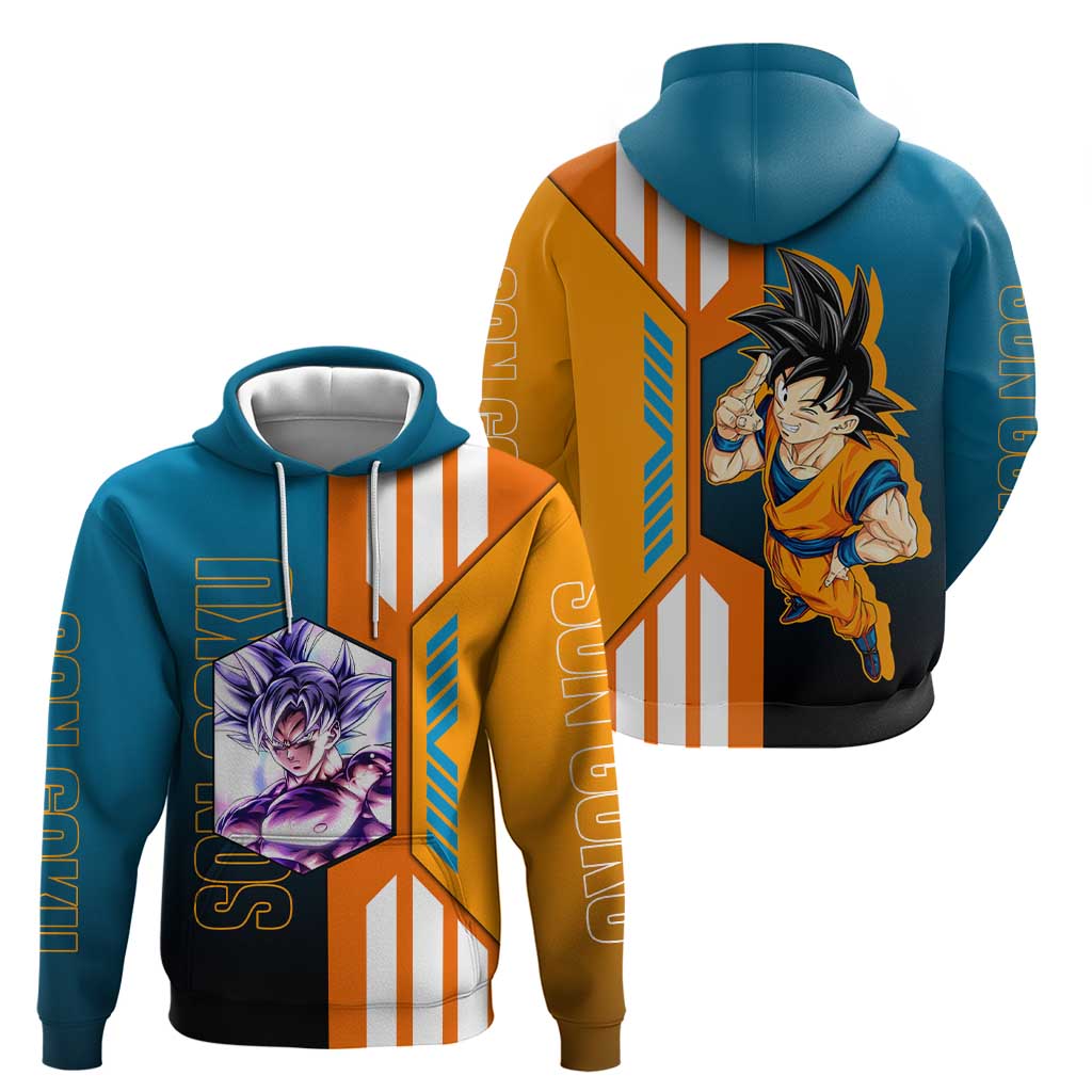Son Goku from Dragon Ball Hoodie with Orange Gi, Power Pose, and Energy Effect Design - The Mazicc