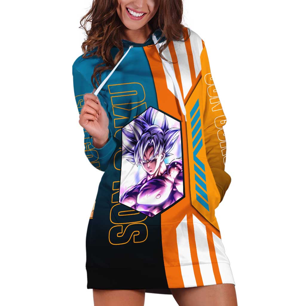 Son Goku from Dragon Ball Hoodie Dress with Orange Gi, Power Pose, and Energy Effect Design - The Mazicc