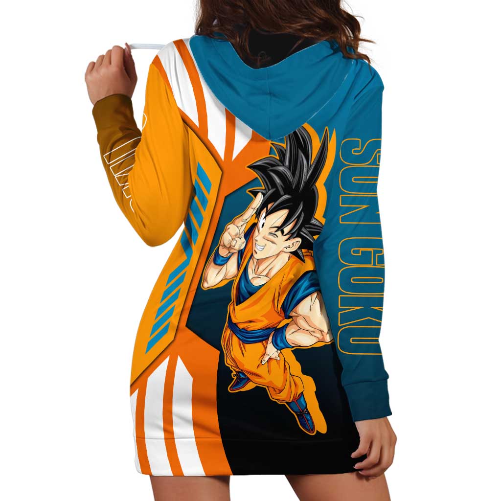 Son Goku from Dragon Ball Hoodie Dress with Orange Gi, Power Pose, and Energy Effect Design - The Mazicc