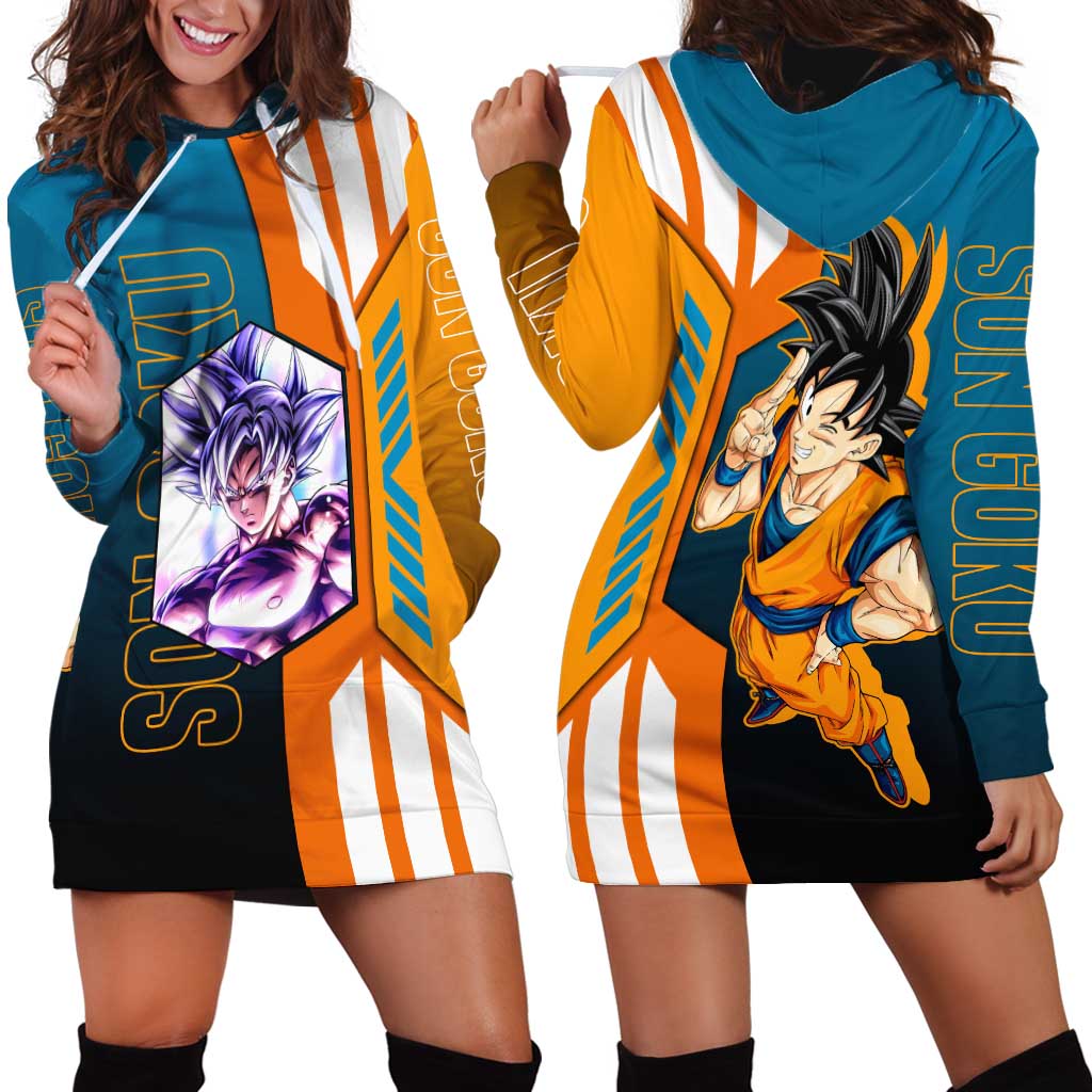 Son Goku from Dragon Ball Hoodie Dress with Orange Gi, Power Pose, and Energy Effect Design - The Mazicc