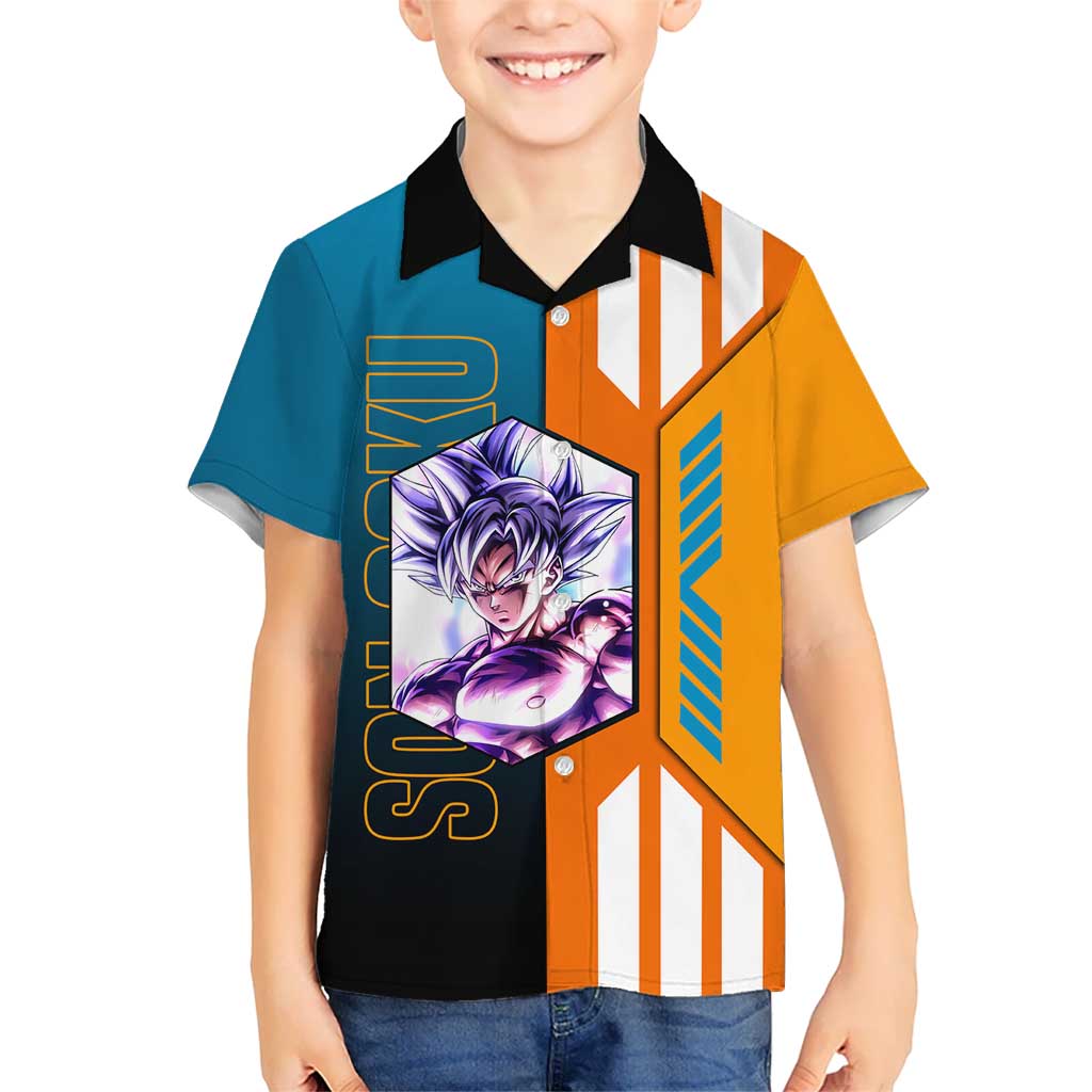 Son Goku from Dragon Ball Kid Hawaiian Shirt with Orange Gi, Power Pose, and Energy Effect Design - The Mazicc