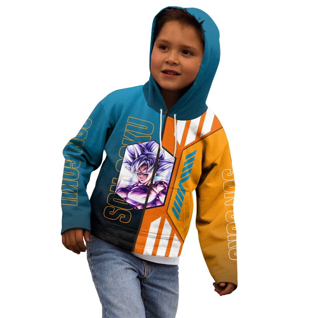 Son Goku from Dragon Ball Kid Hoodie with Orange Gi, Power Pose, and Energy Effect Design - The Mazicc