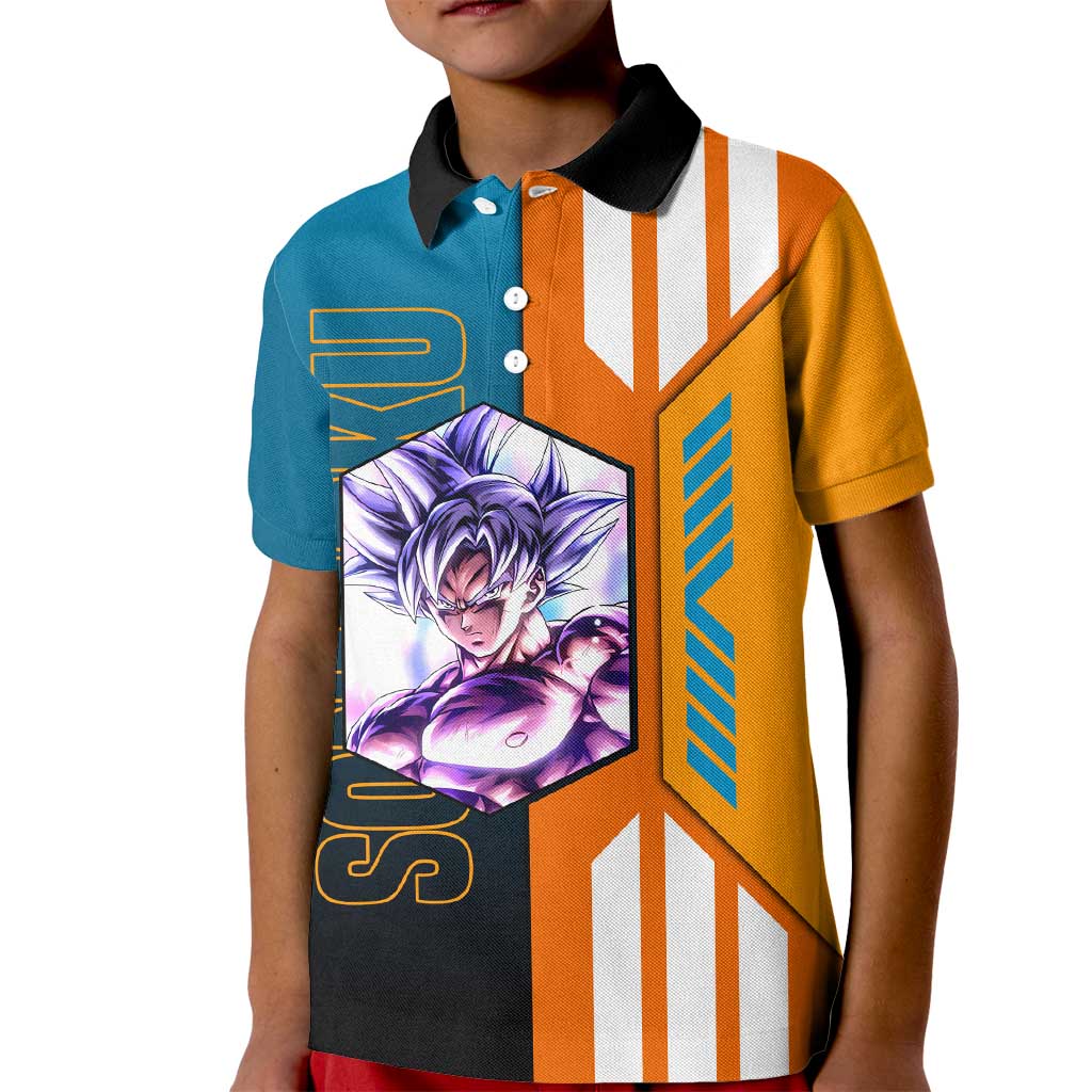 Son Goku from Dragon Ball Kid Polo Shirt with Orange Gi, Power Pose, and Energy Effect Design - The Mazicc
