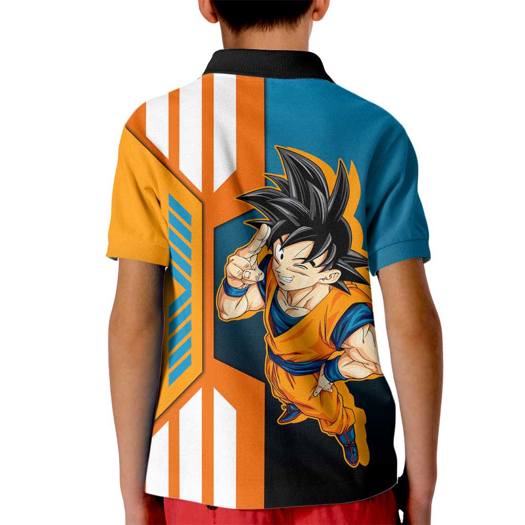 Son Goku from Dragon Ball Kid Polo Shirt with Orange Gi, Power Pose, and Energy Effect Design - The Mazicc