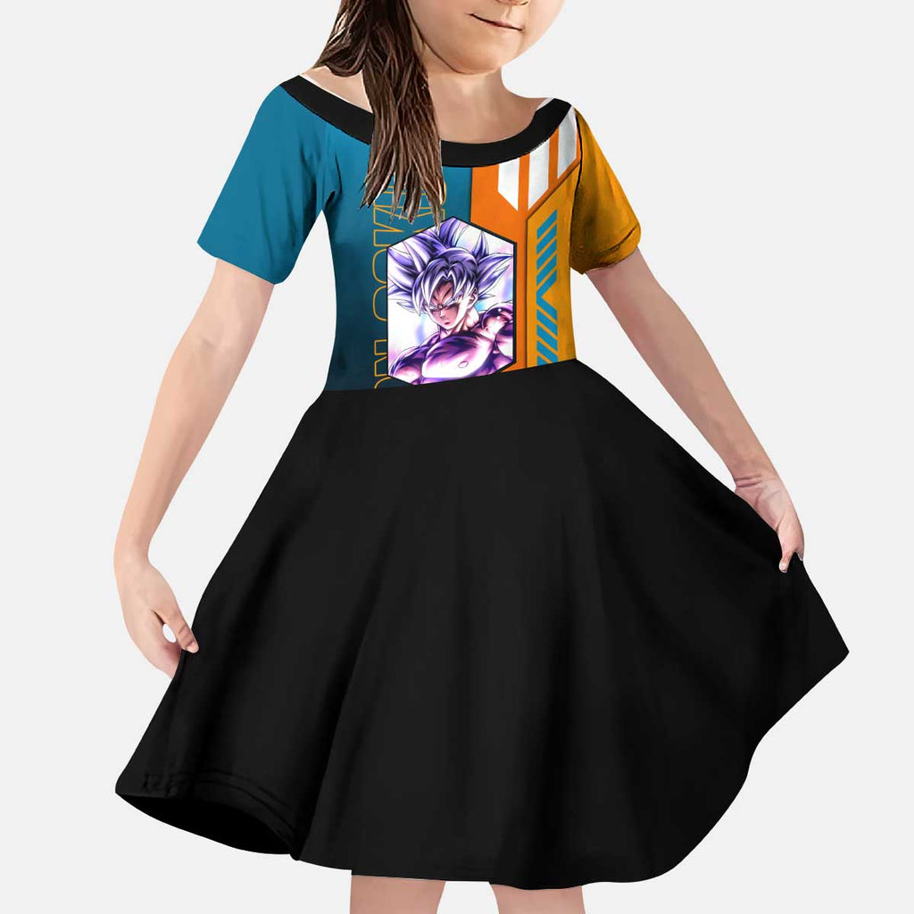 Son Goku from Dragon Ball Kid Short Sleeve Dress with Orange Gi, Power Pose, and Energy Effect Design - The Mazicc