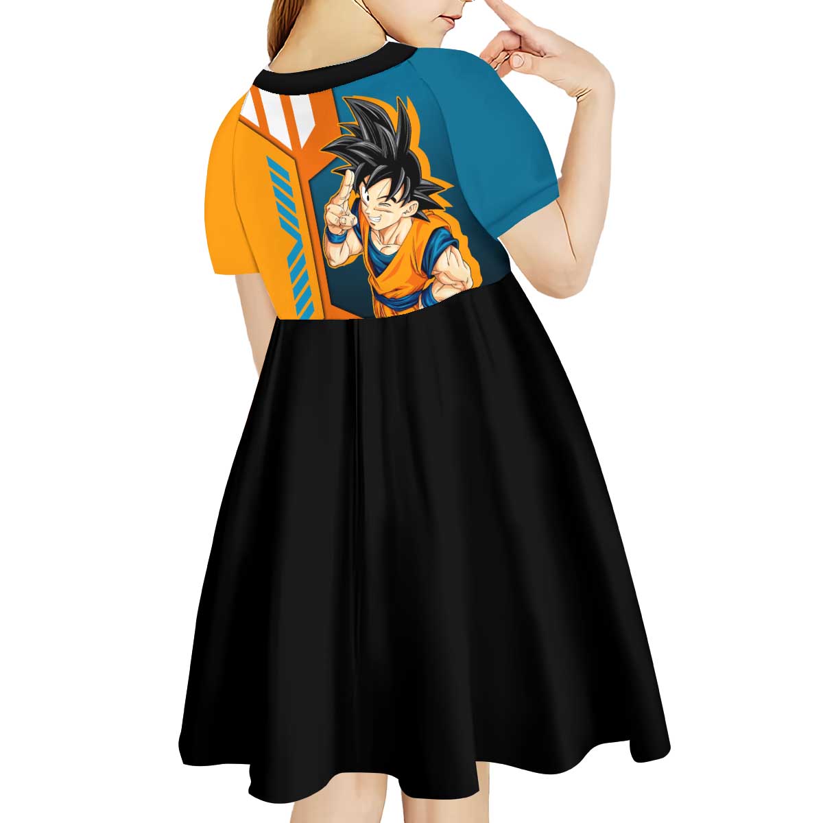 Son Goku from Dragon Ball Kid Short Sleeve Dress with Orange Gi, Power Pose, and Energy Effect Design - The Mazicc