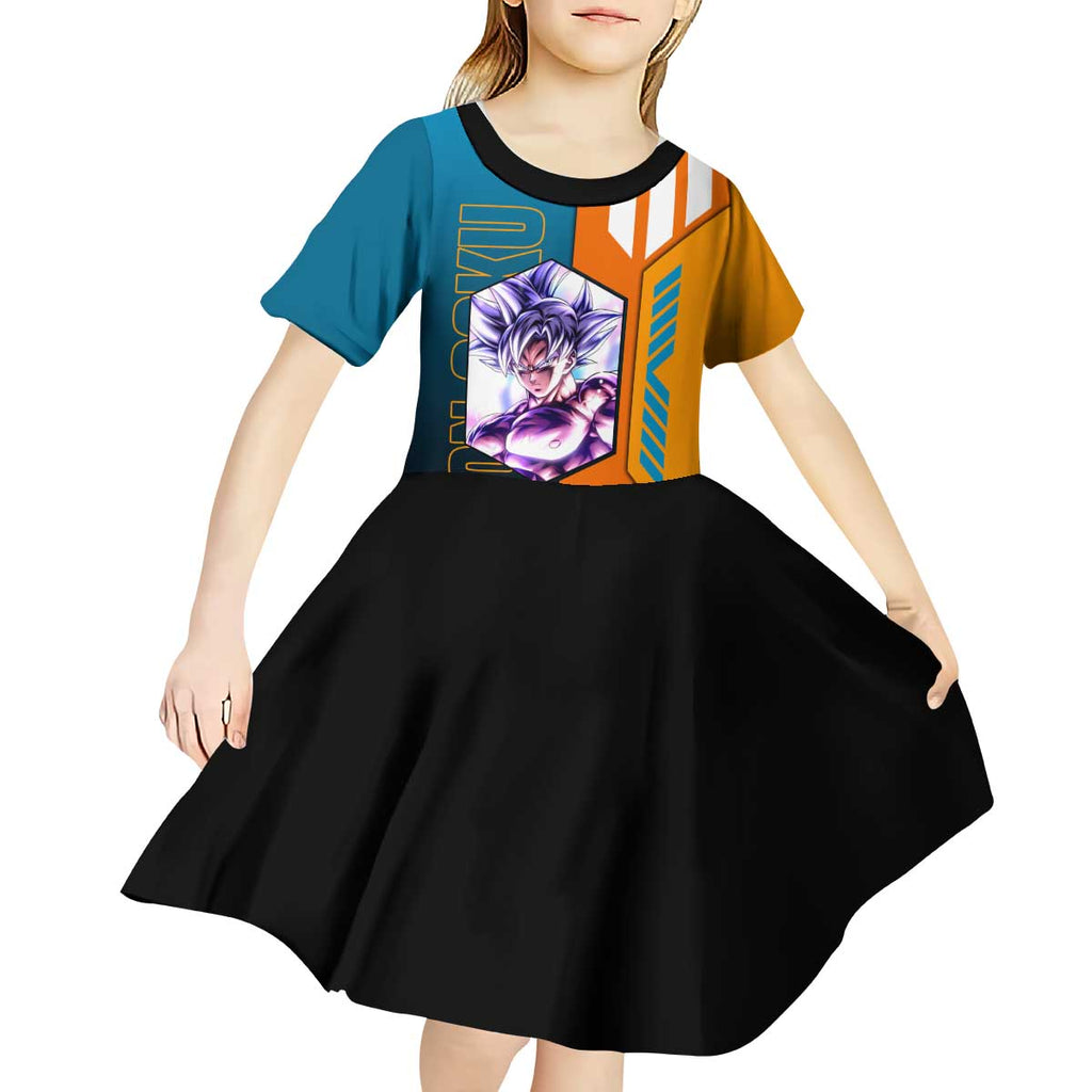 Son Goku from Dragon Ball Kid Short Sleeve Dress with Orange Gi, Power Pose, and Energy Effect Design - The Mazicc