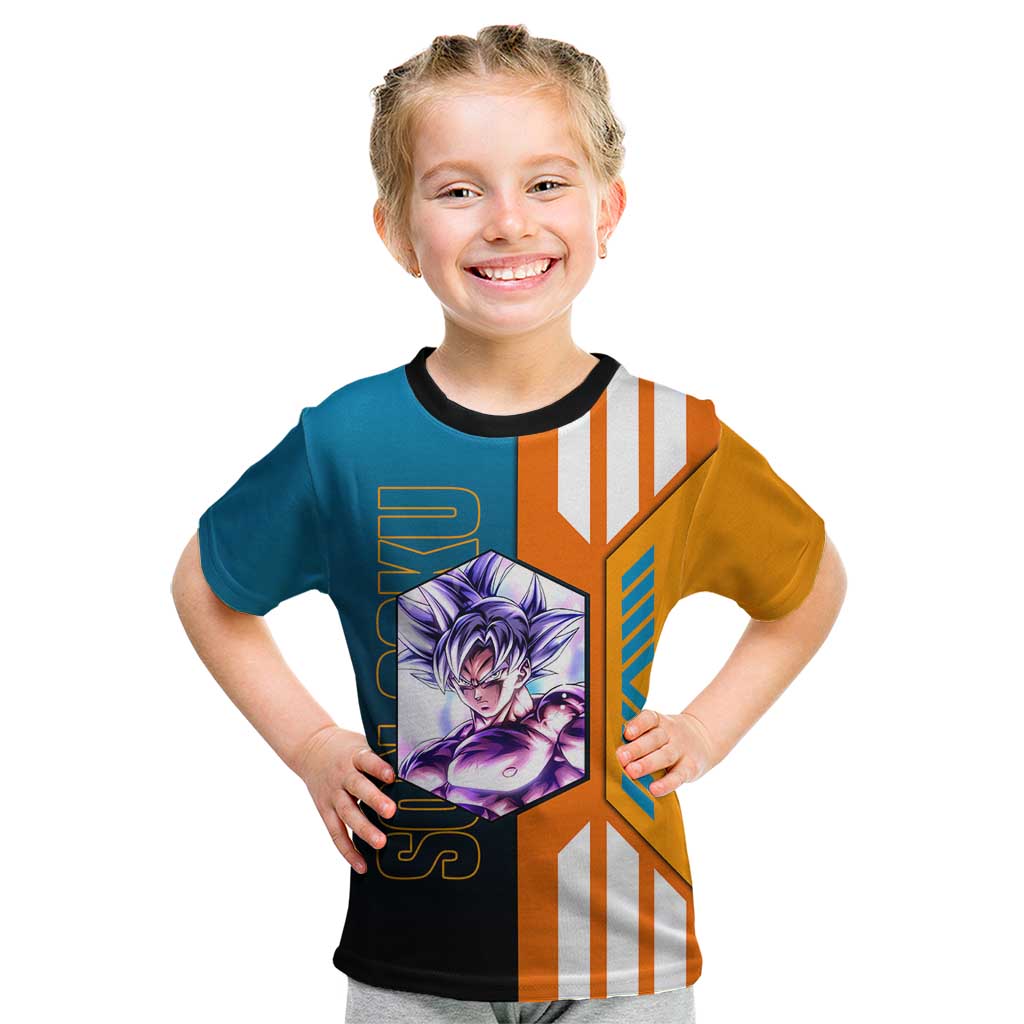 Son Goku from Dragon Ball Kid T Shirt with Orange Gi, Power Pose, and Energy Effect Design - The Mazicc