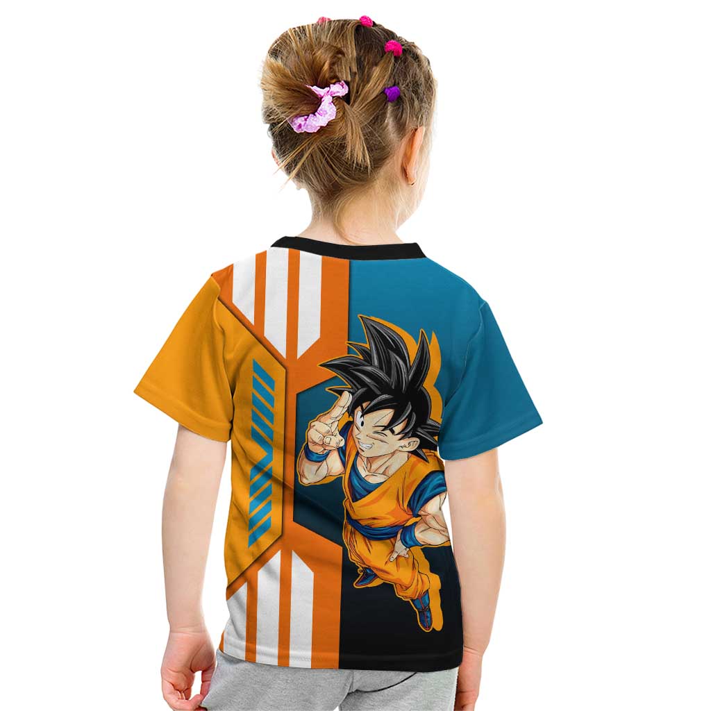 Son Goku from Dragon Ball Kid T Shirt with Orange Gi, Power Pose, and Energy Effect Design - The Mazicc