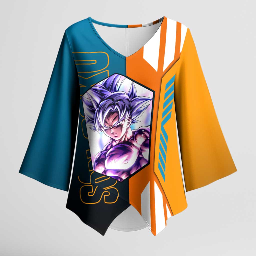 Son Goku from Dragon Ball Kimono Sleeve Blouse with Orange Gi, Power Pose, and Energy Effect Design - The Mazicc