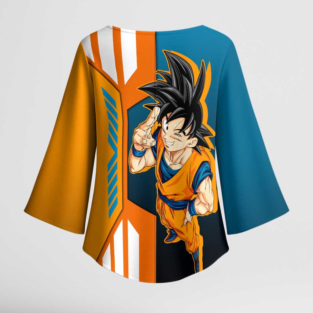 Son Goku from Dragon Ball Kimono Sleeve Blouse with Orange Gi, Power Pose, and Energy Effect Design - The Mazicc