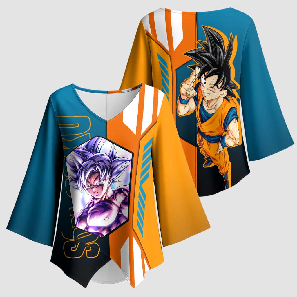 Son Goku from Dragon Ball Kimono Sleeve Blouse with Orange Gi, Power Pose, and Energy Effect Design - The Mazicc