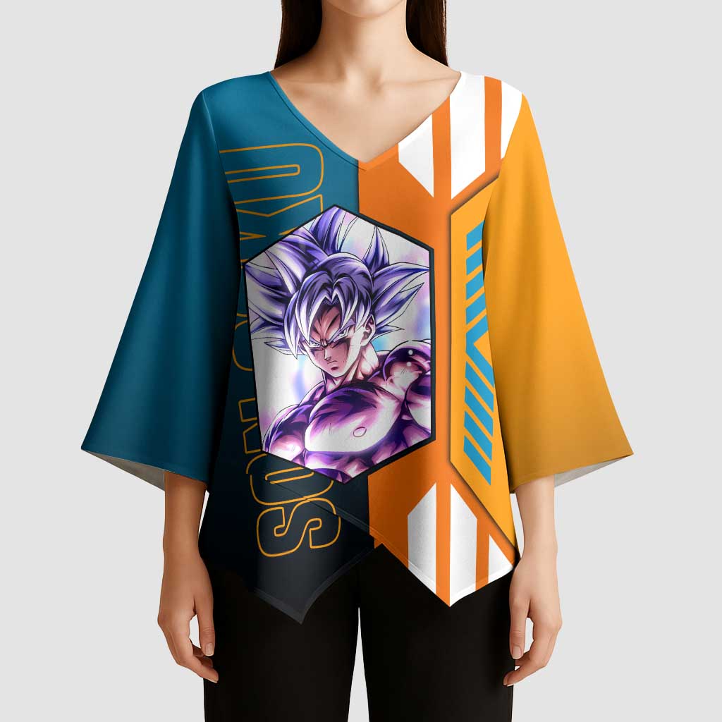 Son Goku from Dragon Ball Kimono Sleeve Blouse with Orange Gi, Power Pose, and Energy Effect Design - The Mazicc
