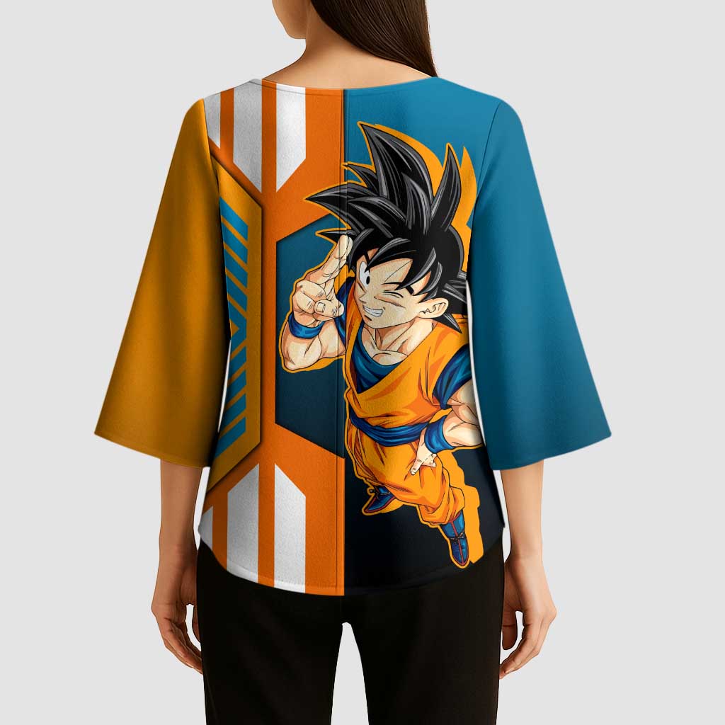 Son Goku from Dragon Ball Kimono Sleeve Blouse with Orange Gi, Power Pose, and Energy Effect Design - The Mazicc