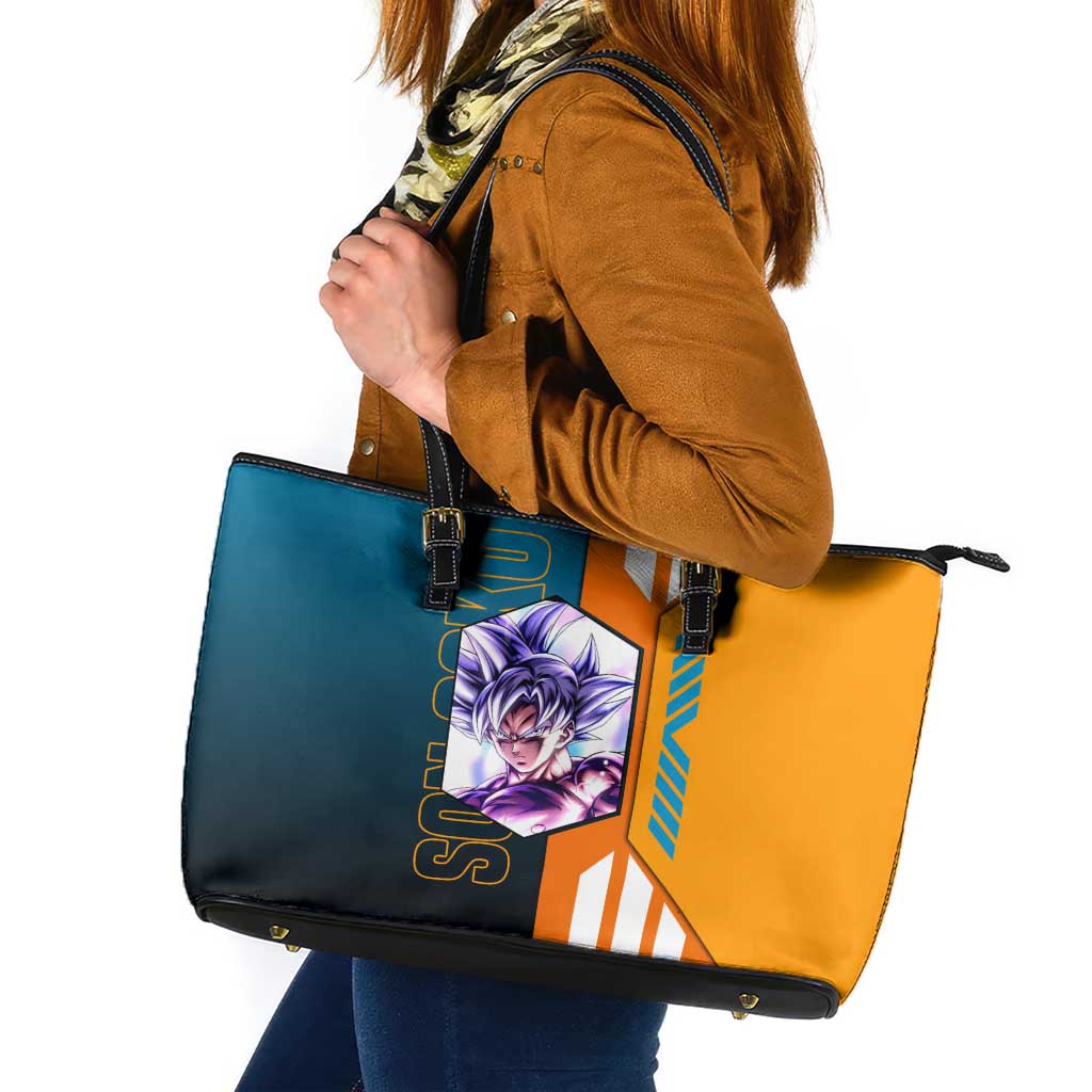 Son Goku from Dragon Ball Leather Tote Bag with Orange Gi, Power Pose, and Energy Effect Design - The Mazicc