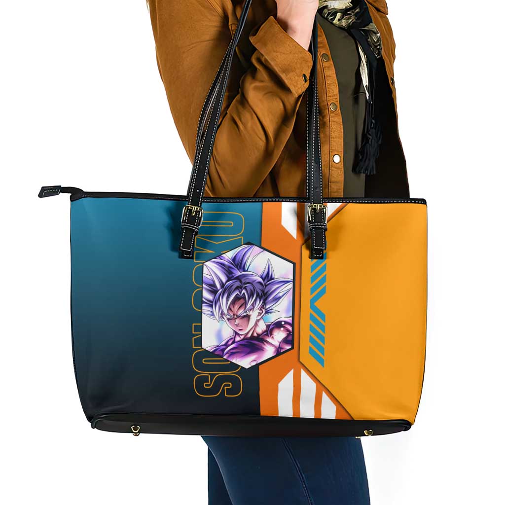 Son Goku from Dragon Ball Leather Tote Bag with Orange Gi, Power Pose, and Energy Effect Design - The Mazicc