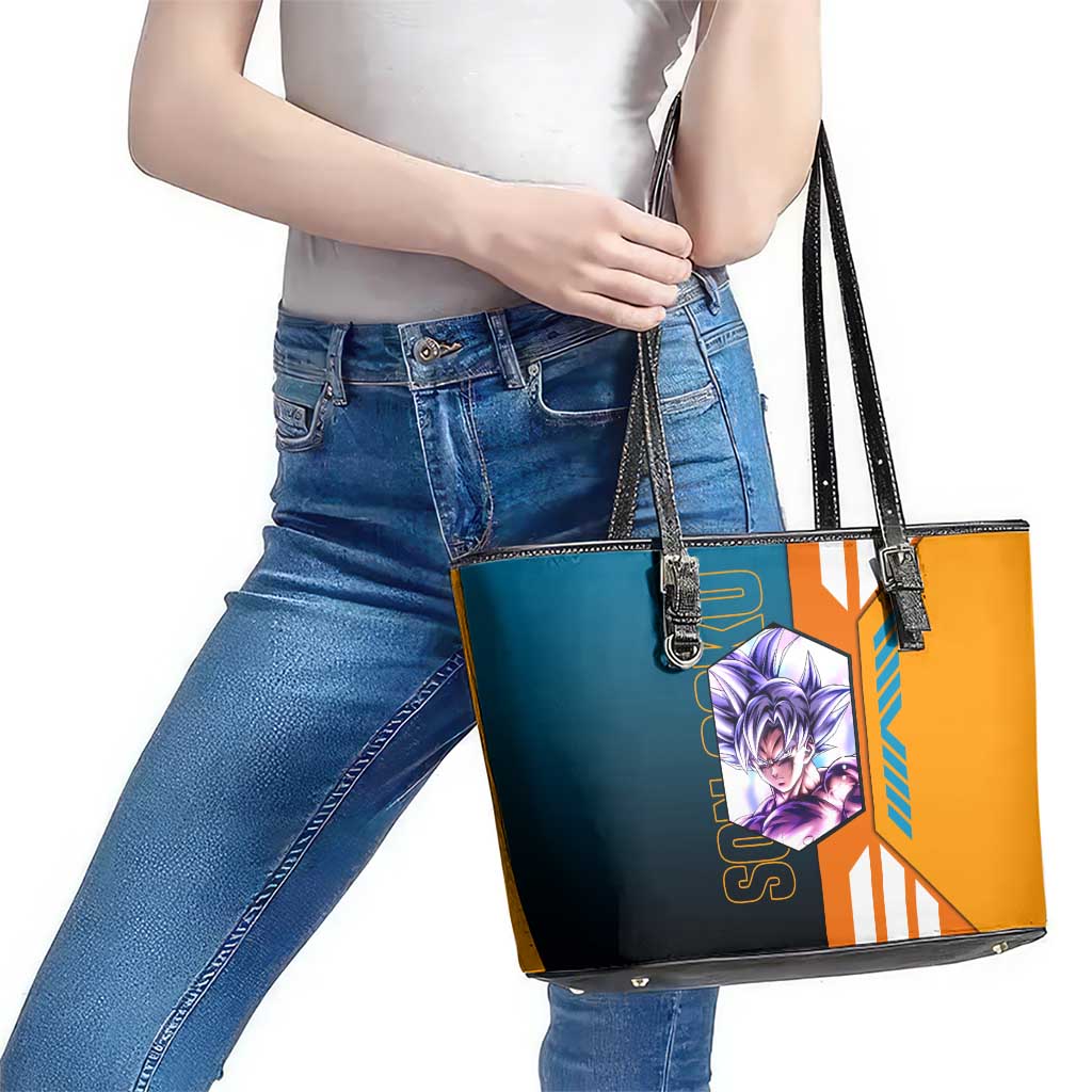 Son Goku from Dragon Ball Leather Tote Bag with Orange Gi, Power Pose, and Energy Effect Design - The Mazicc