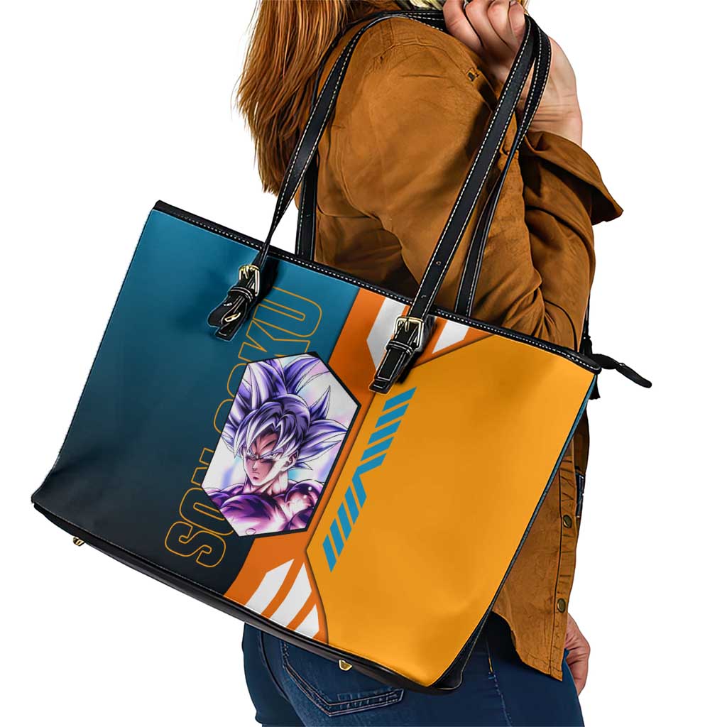 Son Goku from Dragon Ball Leather Tote Bag with Orange Gi, Power Pose, and Energy Effect Design - The Mazicc
