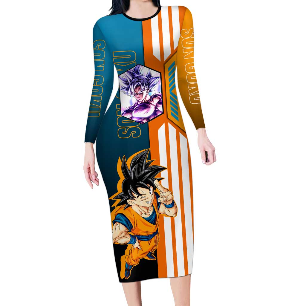 Son Goku from Dragon Ball Long Sleeve Bodycon Dress with Orange Gi, Power Pose, and Energy Effect Design - The Mazicc