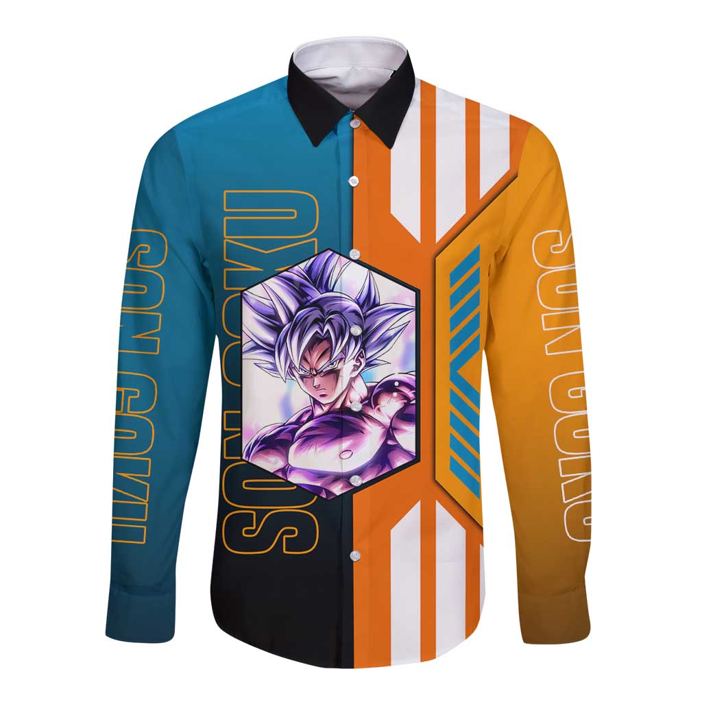 Son Goku from Dragon Ball Long Sleeve Button Shirt with Orange Gi, Power Pose, and Energy Effect Design - The Mazicc