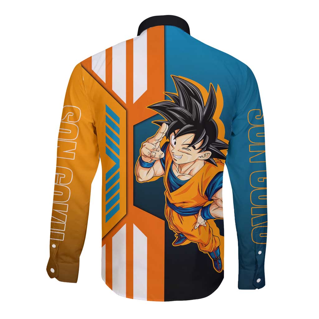 Son Goku from Dragon Ball Long Sleeve Button Shirt with Orange Gi, Power Pose, and Energy Effect Design - The Mazicc