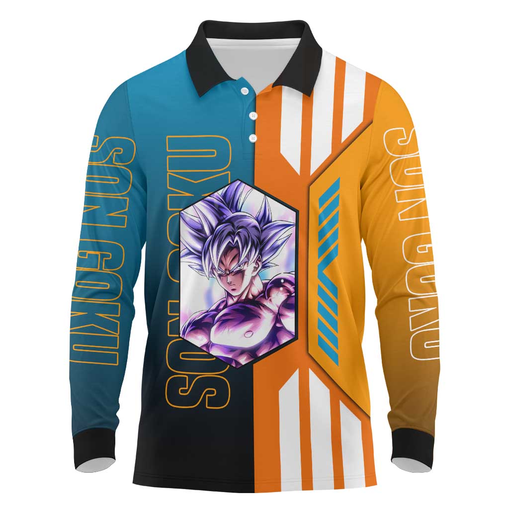 Son Goku from Dragon Ball Long Sleeve Polo Shirt with Orange Gi, Power Pose, and Energy Effect Design - The Mazicc