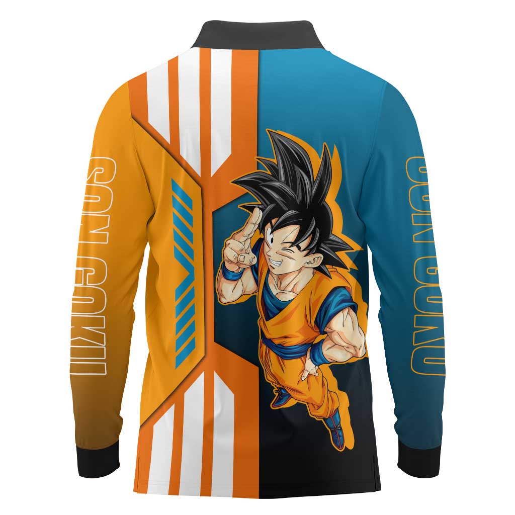 Son Goku from Dragon Ball Long Sleeve Polo Shirt with Orange Gi, Power Pose, and Energy Effect Design - The Mazicc