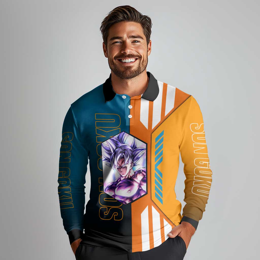 Son Goku from Dragon Ball Long Sleeve Polo Shirt with Orange Gi, Power Pose, and Energy Effect Design - The Mazicc