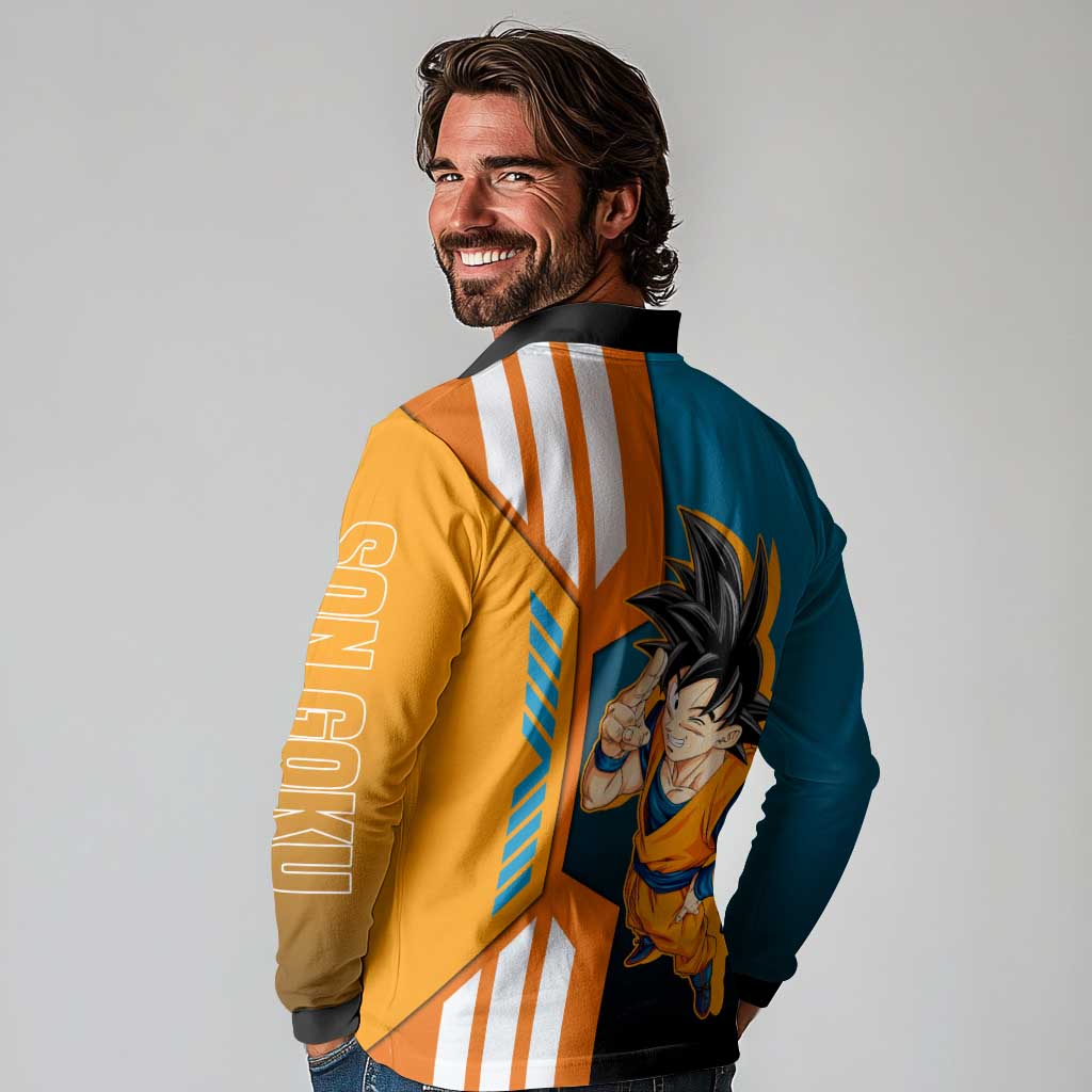 Son Goku from Dragon Ball Long Sleeve Polo Shirt with Orange Gi, Power Pose, and Energy Effect Design - The Mazicc